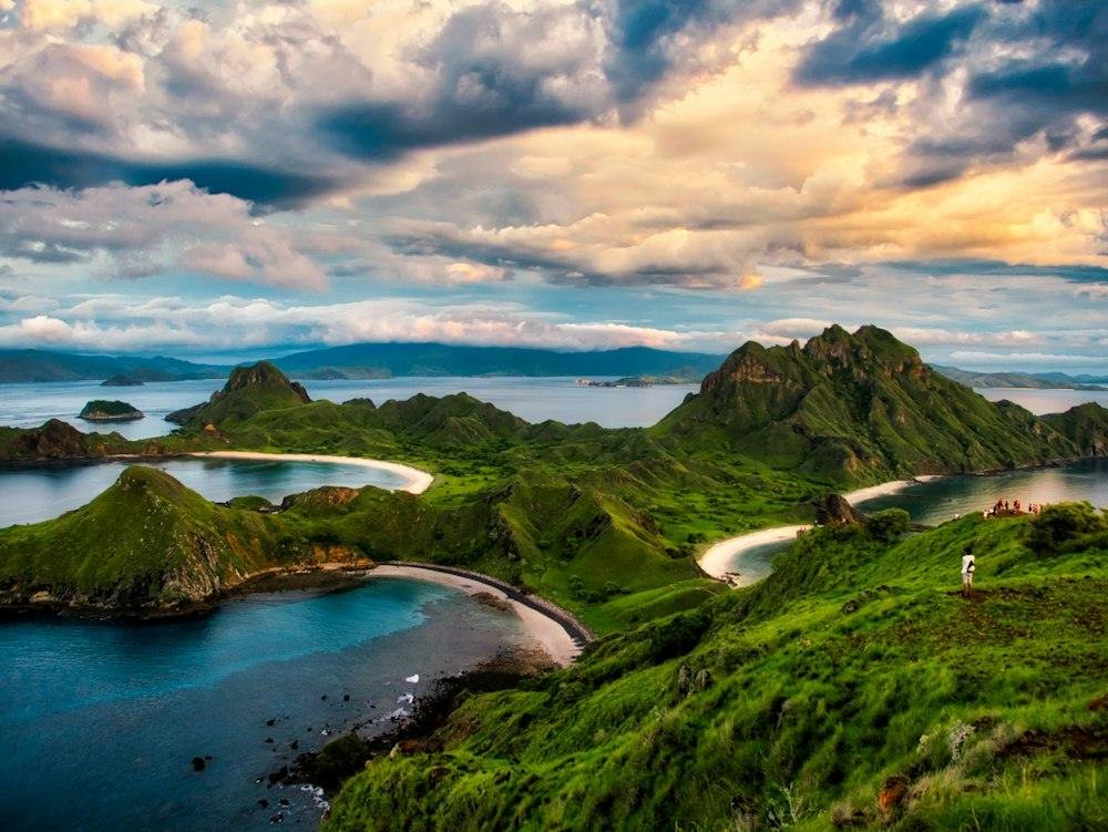 Padar Island viewpoint over three bays at sunrise